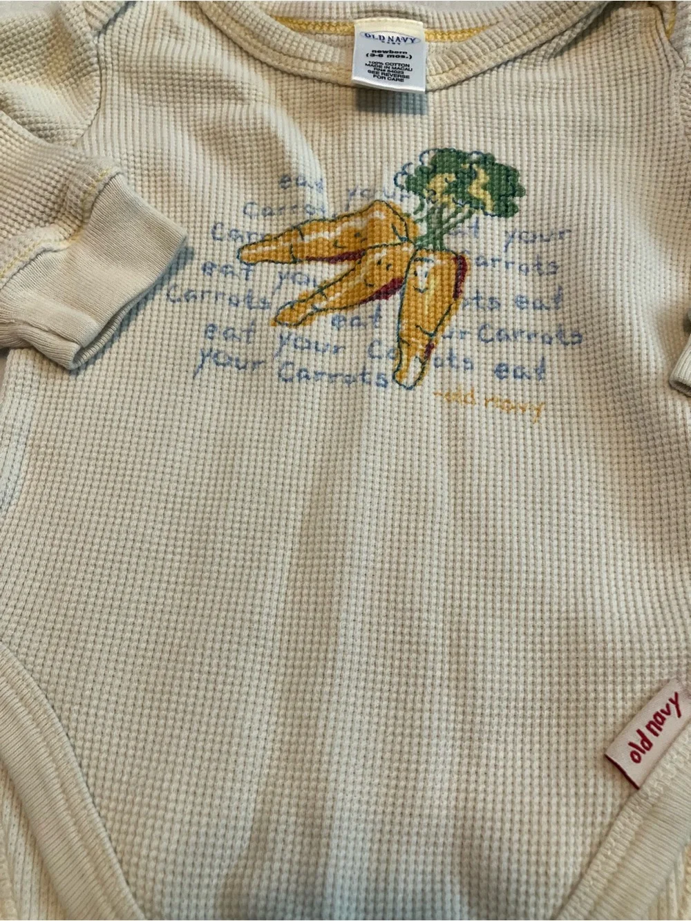 Cream Waffle Baby Bodysuit with Carrot Graphic and Cuffed Blue Jeans